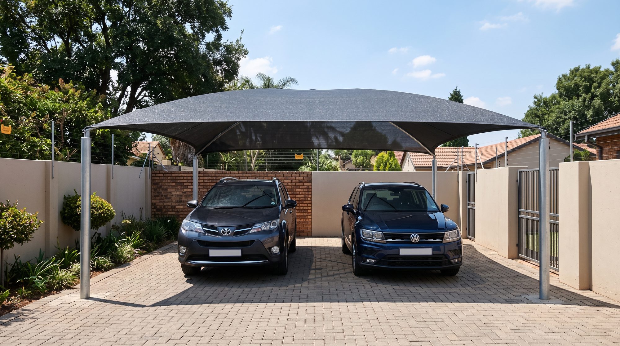 Charcoal shade-net shadeport over two cars on a paved residential driveway