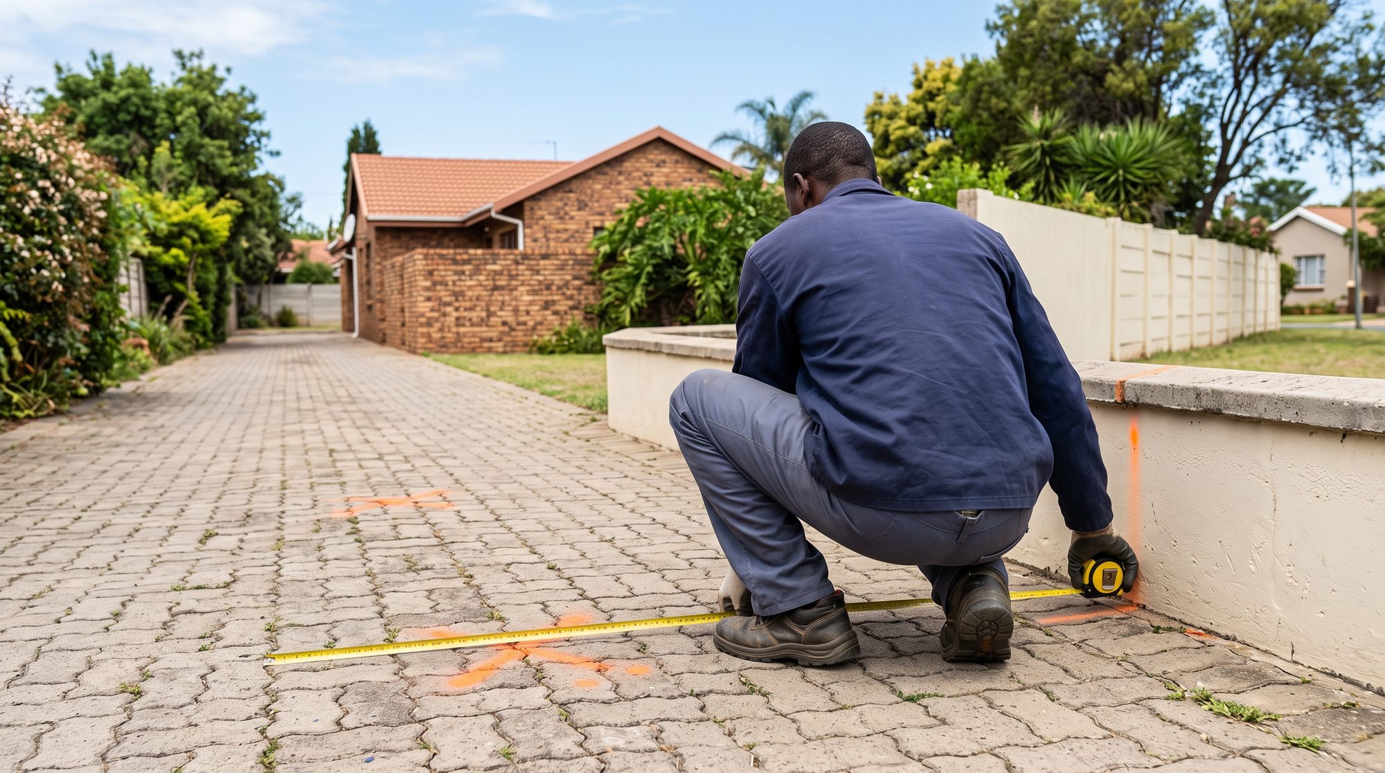 Installer measuring the distance from a boundary wall to a marked shadeport pole position