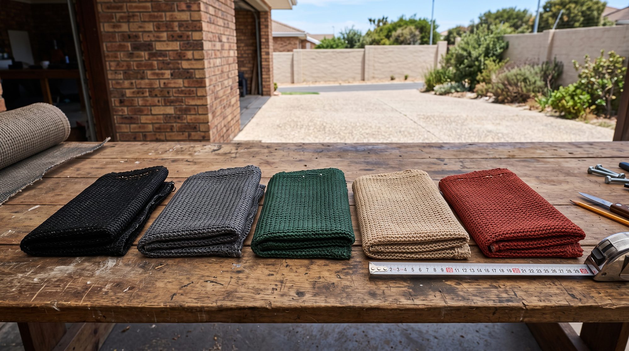Knitted HDPE shade netting samples in black, charcoal, green, beige and brick red